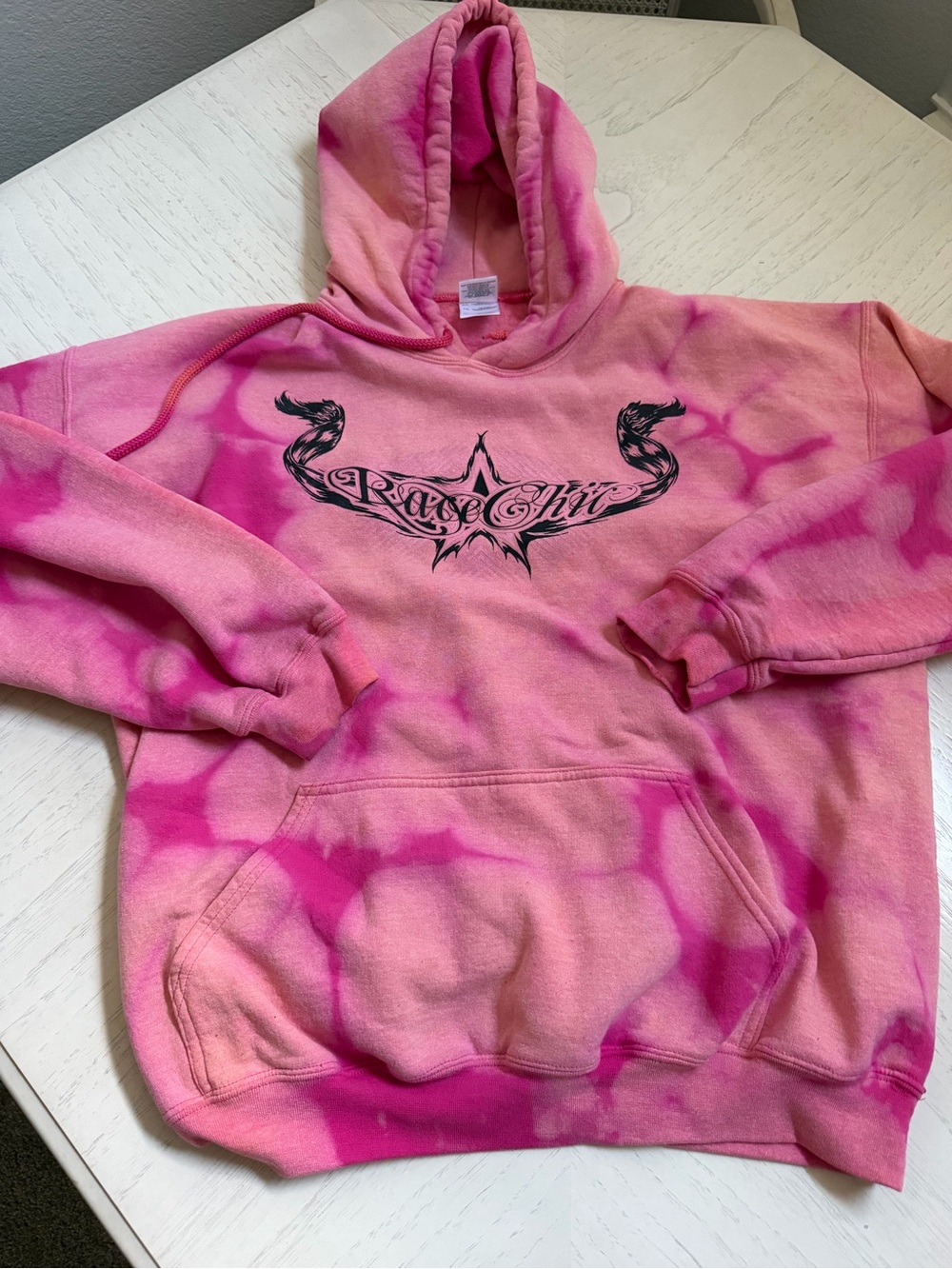 Rage Chic Tie-Dye Pink Pullover Hoodie Gothic Script Streetwear Moto SZ XL Y2K